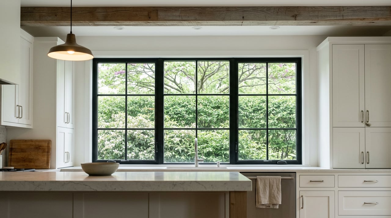 Quartz island in a white kitchen, with shaker cabinets, an exposed wood beam, and a garden visible through the window.