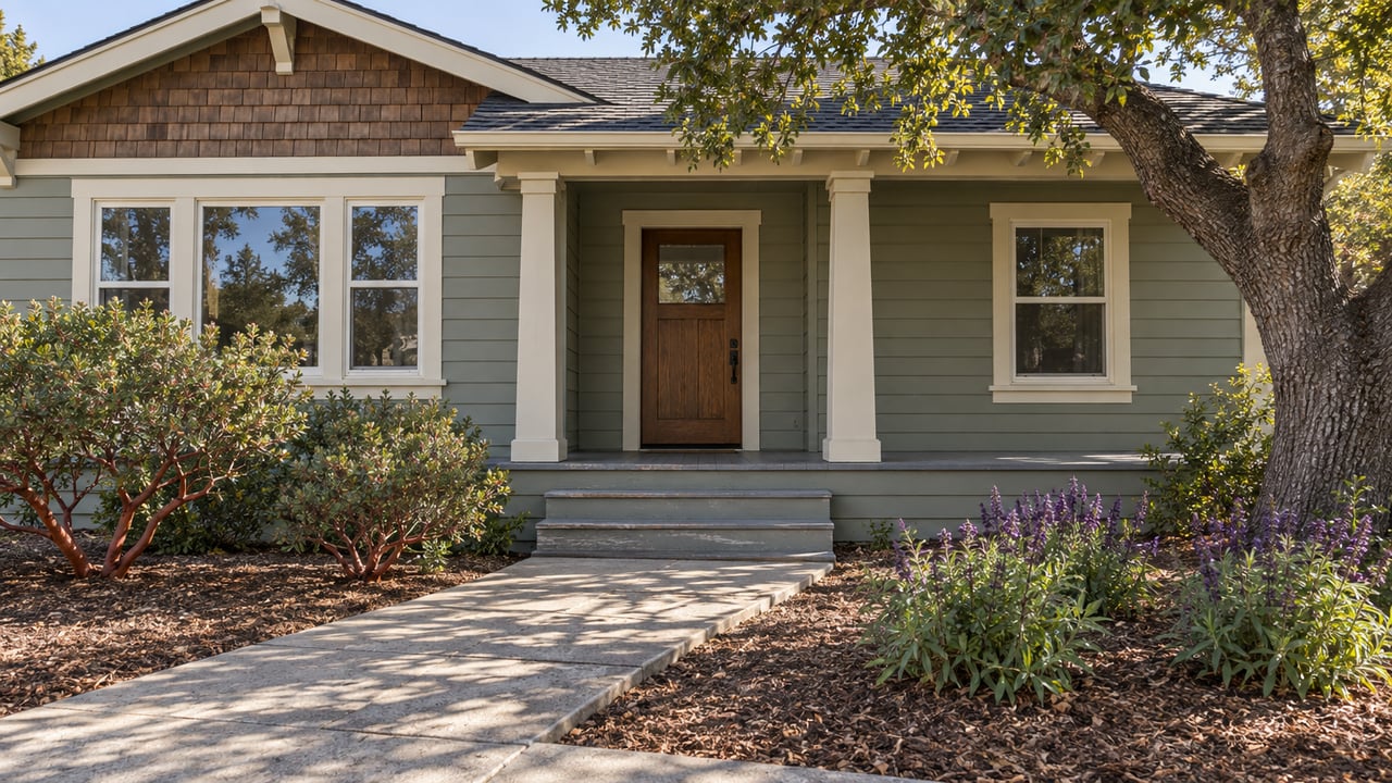 Sage clapboard bungalow with a raised timber porch, concrete front walk, mature coast live oak, and native flowering shrubs in soft morning light.