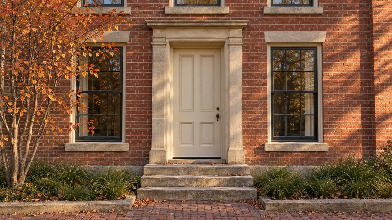 Red-brick house with a cream-paneled door, limestone steps, sash windows, and copper-orange autumn leaves.
