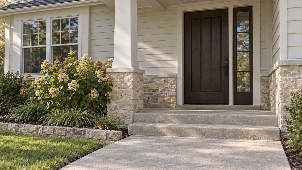 Recessed dark wood entry door beside a glazed sidelight, limestone steps, and a clipped hydrangea.