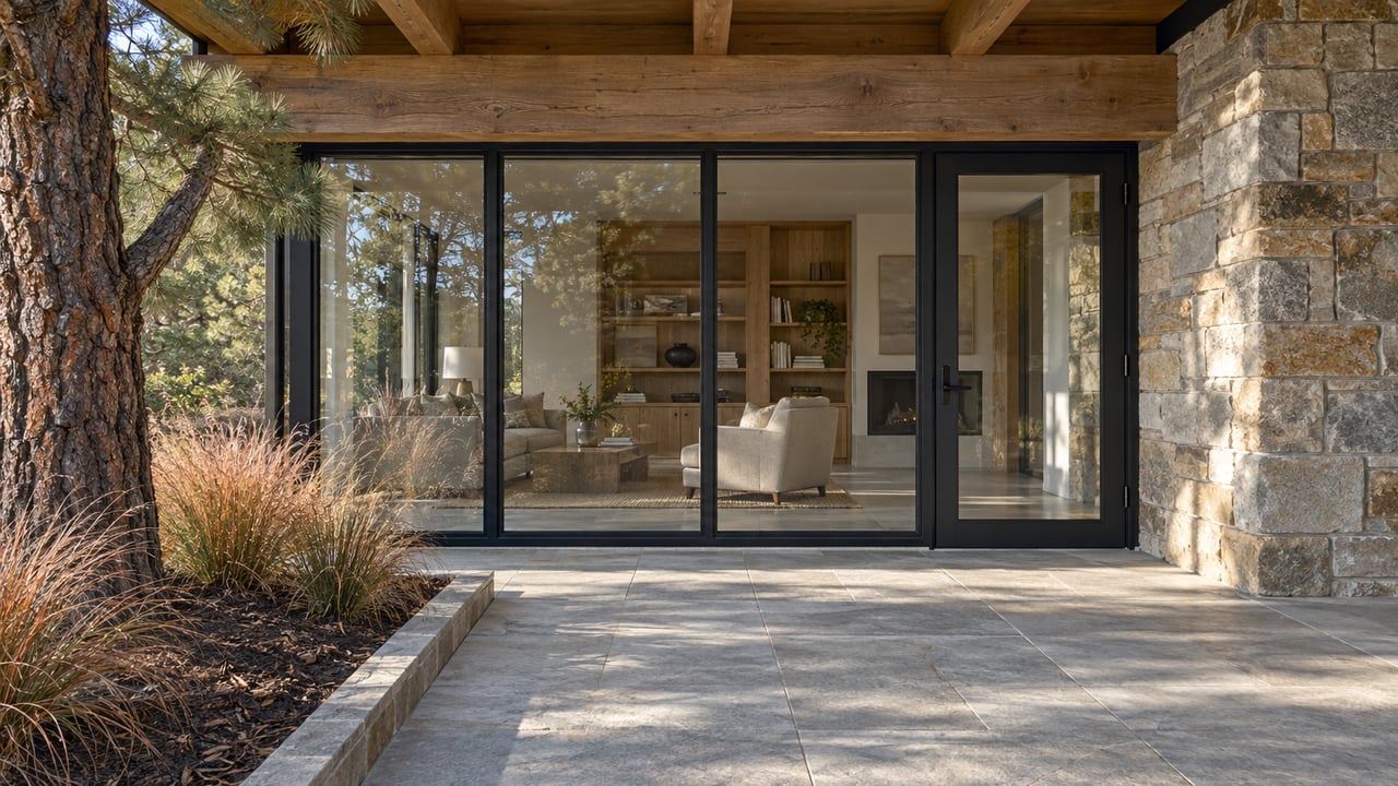 Autumn morning light on a timber-covered sandstone terrace beside black-framed living-room glazing and copper-colored grasses.