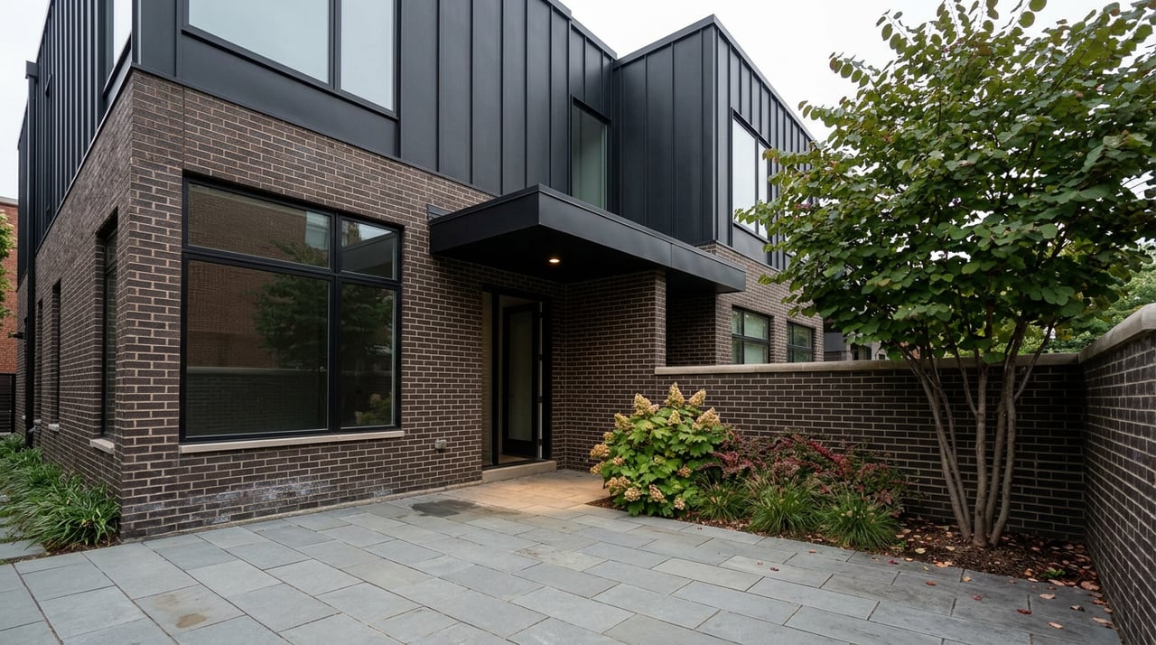 Dark brick townhome with a black-clad upper story, recessed entry, bluestone forecourt, and redbud tree.
