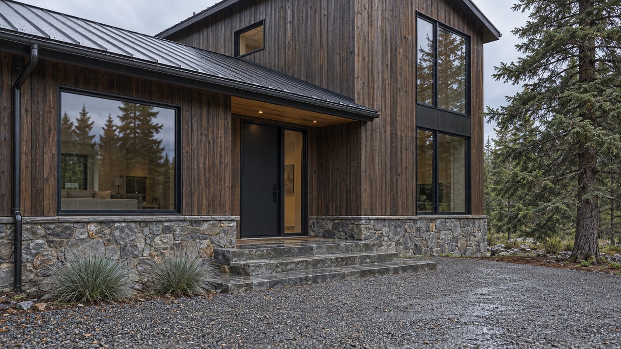 Two-story wood-clad house with a stone base, recessed entry, broad steps, and gravel approach beneath a spruce.