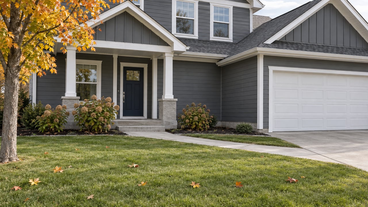 Charcoal-sided gabled home with a covered entry, attached garage, broad autumn lawn and a concrete front walk.