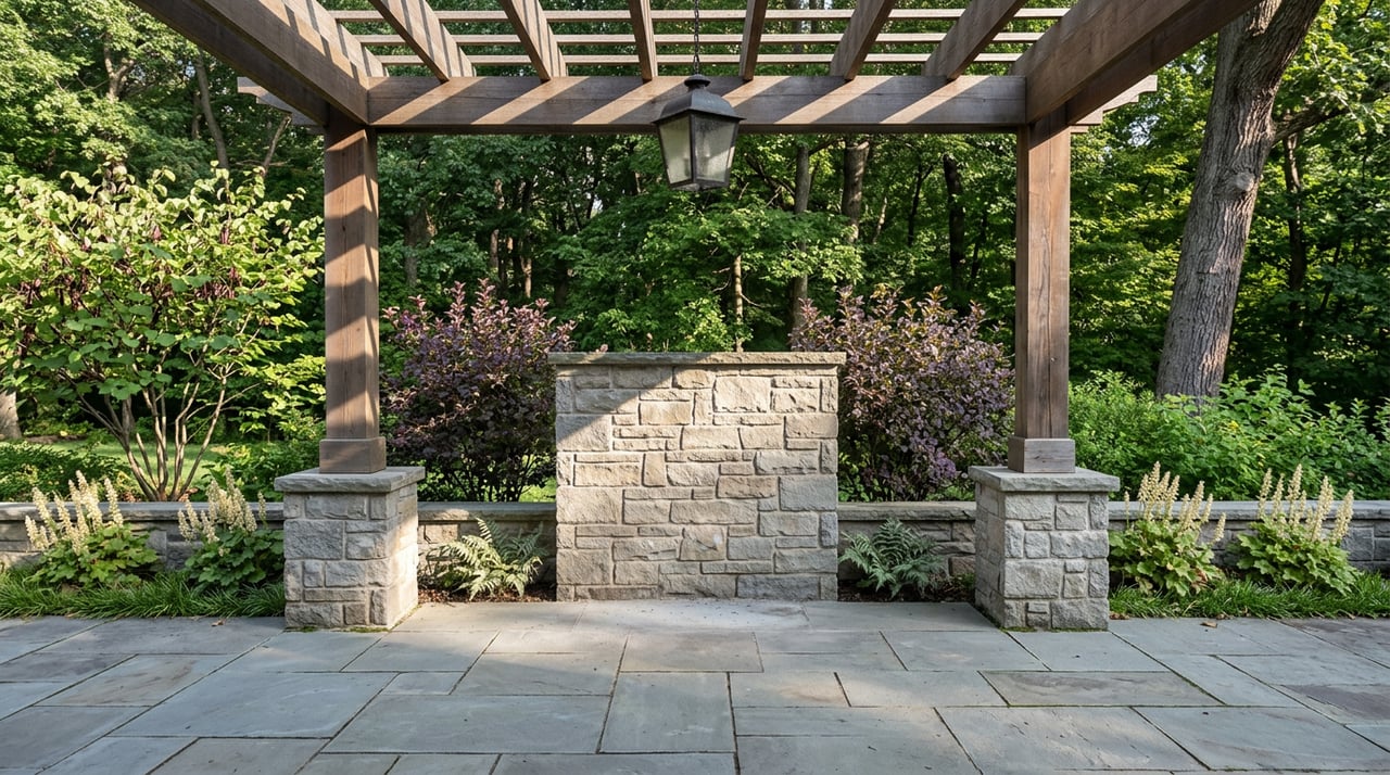 Bluestone terrace with a stone hearth beneath a timber pergola, framed by purple shrubs, ferns, and oak canopy.