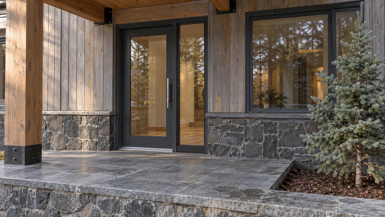 Covered condominium entrance with weathered cedar siding, dark-framed glazing, stone masonry, and a raised granite landing beside one blue-green spruce.