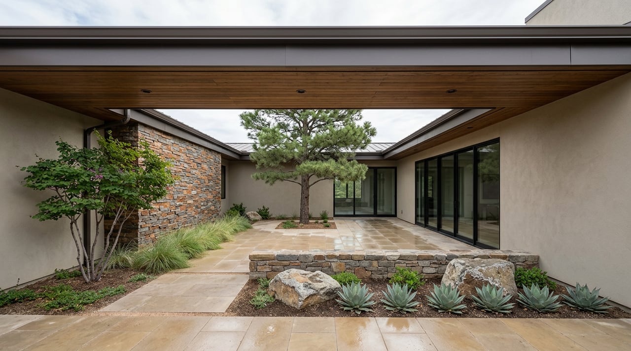 Contemporary courtyard with a sculpted pine, stone seat wall, granite boulders, and black-framed glass doors.