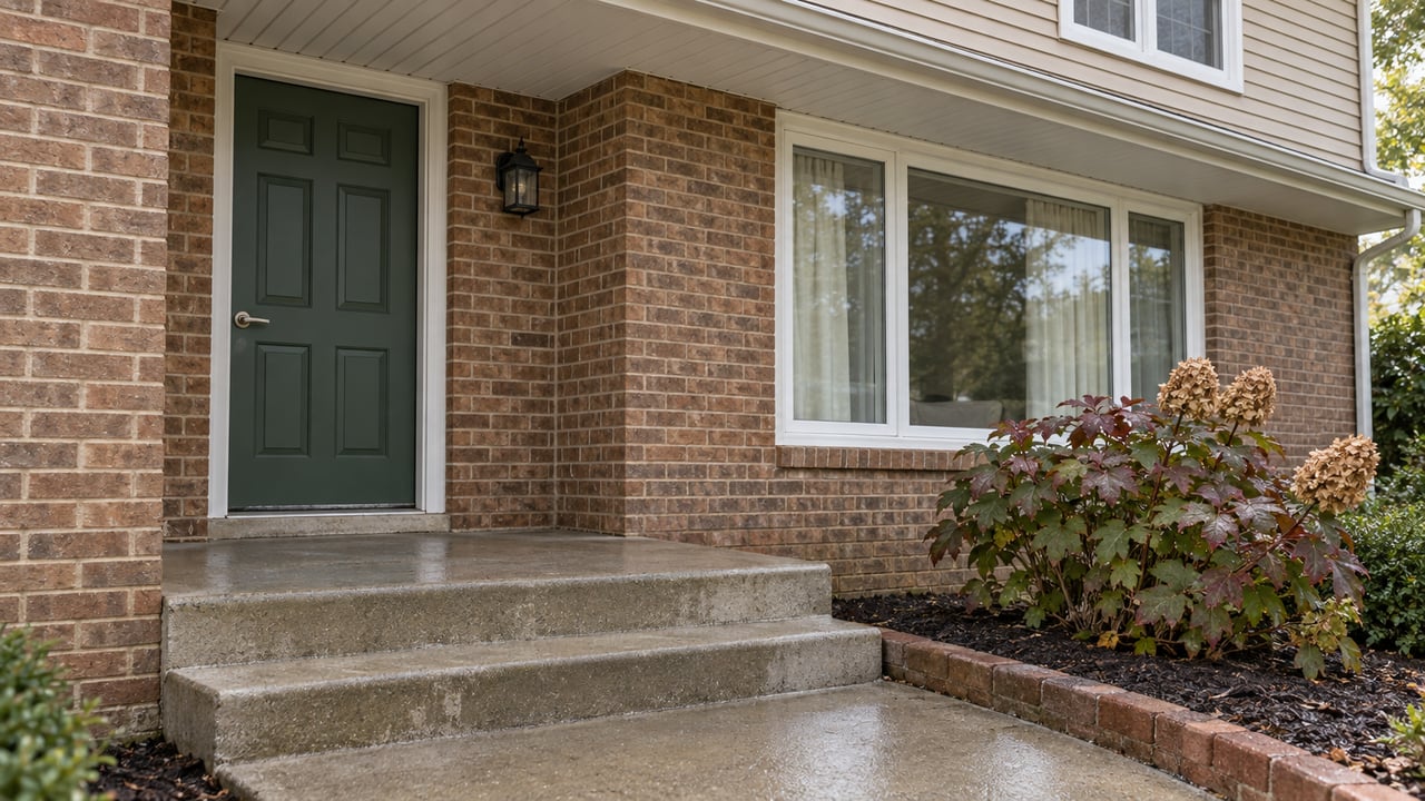 A green front door and white-trimmed window beneath a covered entry, with weathered brick, concrete steps, and an oakleaf hydrangea.