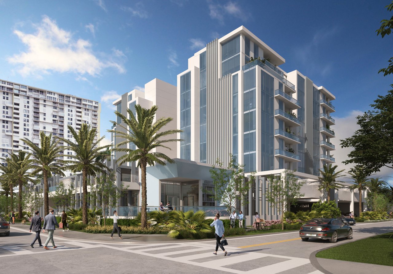 Salato Residences, a modern glass-fronted tower with balconies, palms, and a landscaped street entrance.