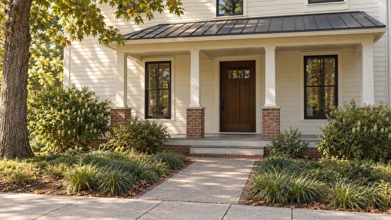 Cream-sided house with a recessed oak entry, brick foundation, garden path, and mature tree.