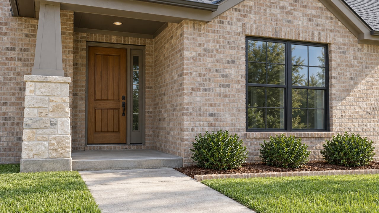 Pale brick home with a recessed timber front door, limestone porch pier, black-framed window and a concrete approach bordered by lawn and dwarf yaupon shrubs.