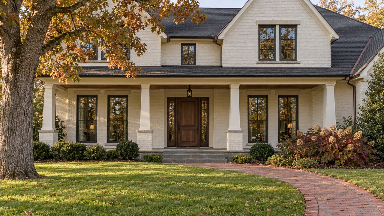 Established ivory brick home with a columned veranda, weathered brick approach and broad lawn beneath a mature oak.