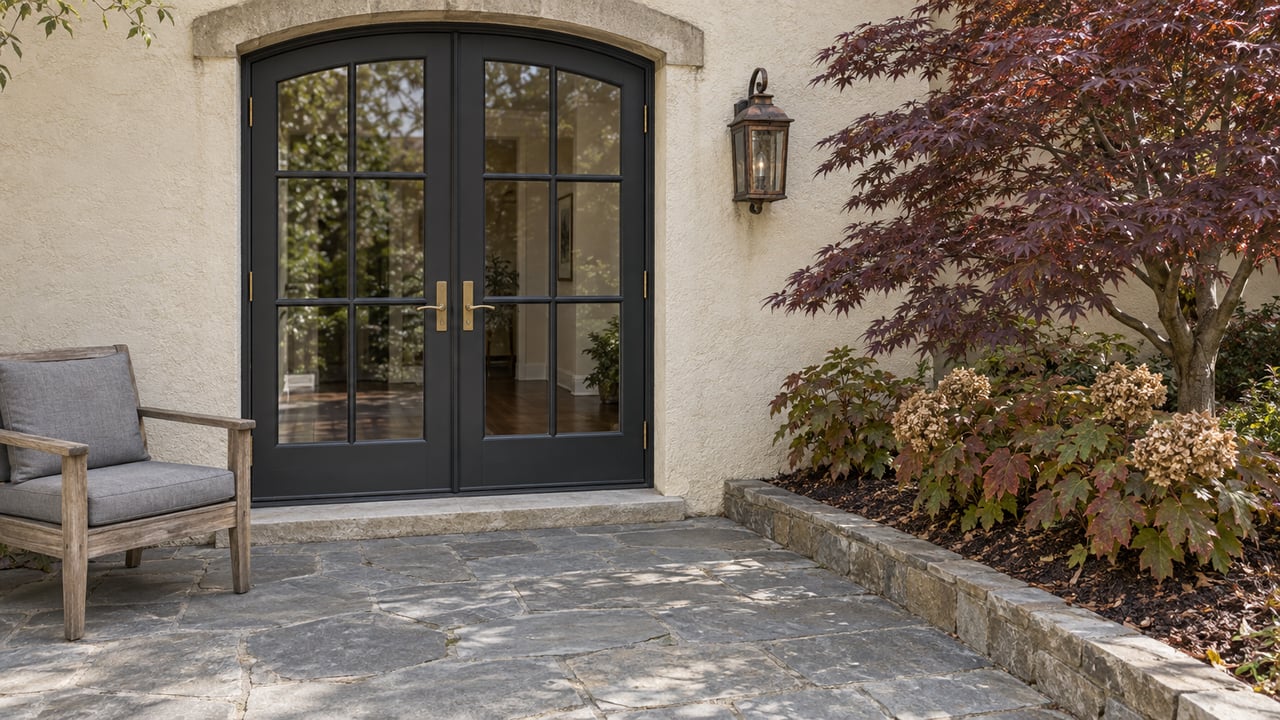 Cream stucco cottage garden terrace with paired dark French doors, weathered teak seating and autumn oakleaf hydrangeas beside a burgundy Japanese maple.