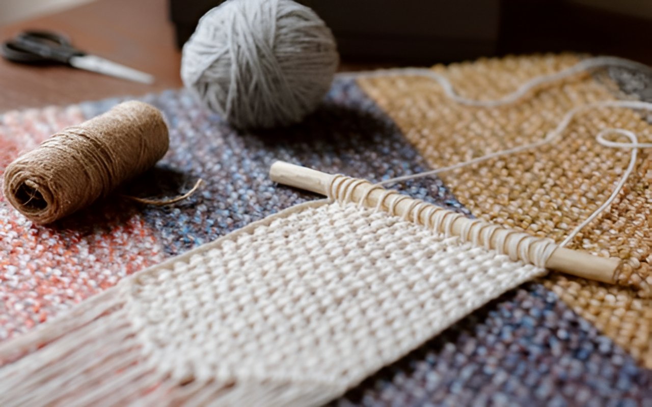Cream yarn woven on a small wooden loom, with a gray yarn ball and brown twine nearby.