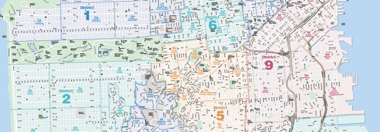 San Francisco Association of Realtors district map showing numbered real estate districts across the city