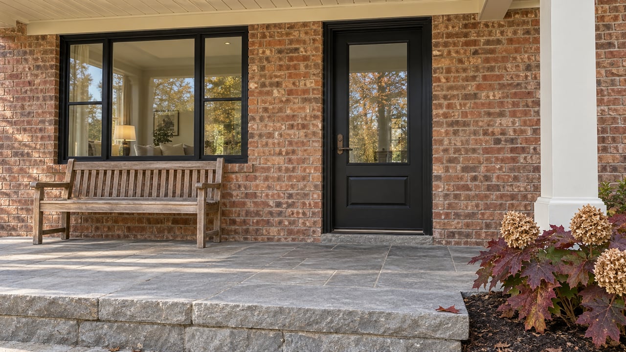 Brick home entry with a black door, wooden bench, and stone porch edged with autumn foliage.