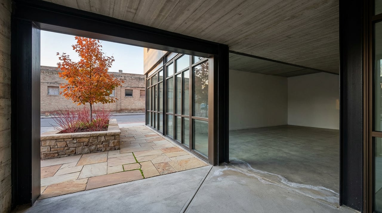 Storefront alcove opens onto a sandstone sidewalk, where an orange-red maple rises from a fieldstone planter.