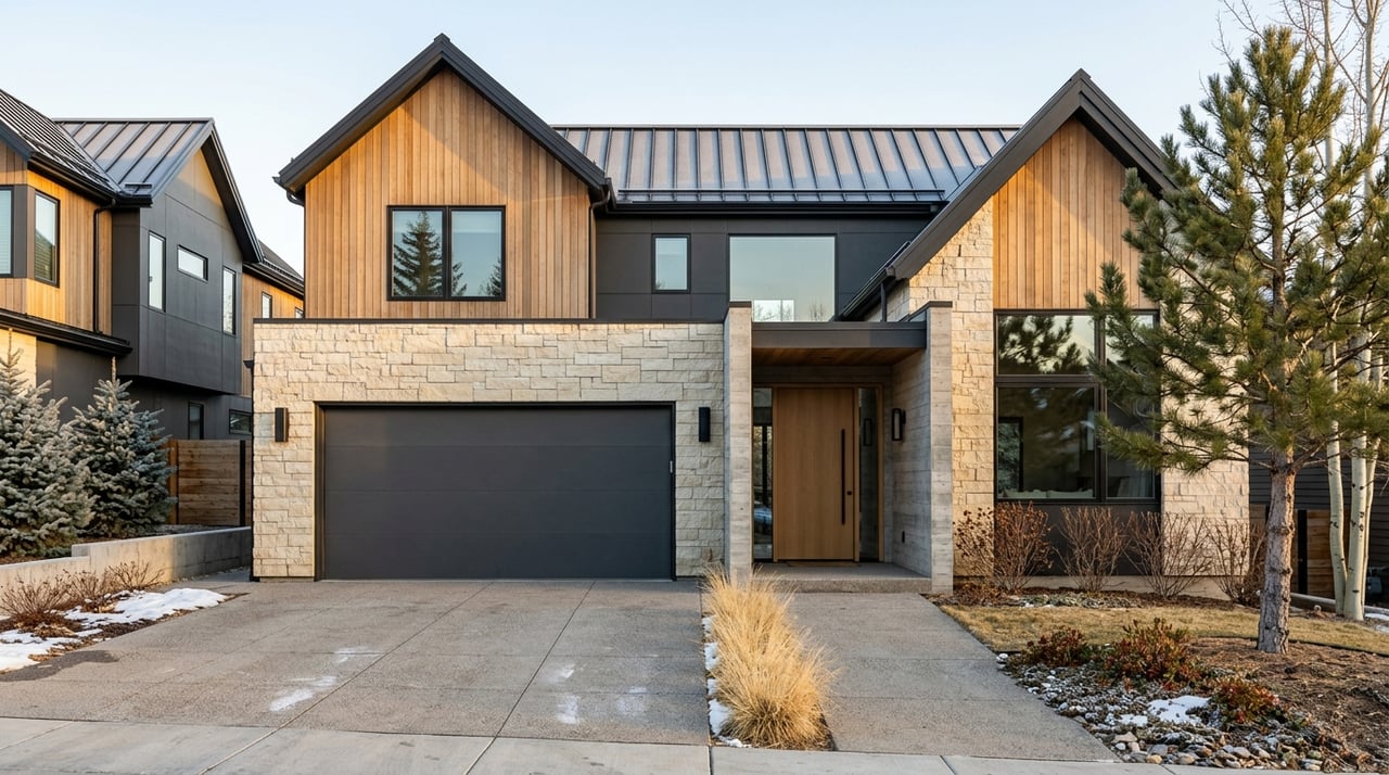 Mountain townhome entry with a white oak door, cedar siding, limestone, and damp paver driveway.