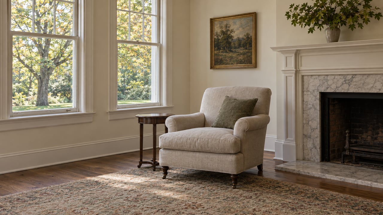 Sunlit residential sitting room with tall white sash windows, an oatmeal linen armchair, oak flooring and a pale marble fireplace.