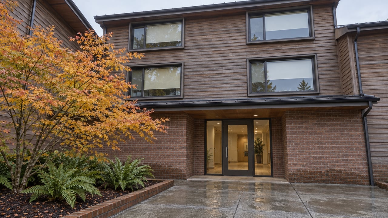 Rain-darkened condominium courtyard leading to a glazed entrance beneath cedar siding, with an autumn vine maple and sword ferns.