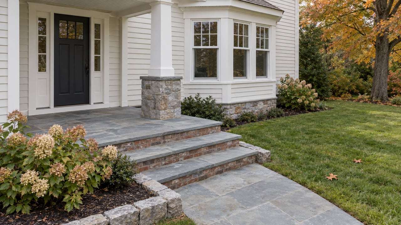Pale clapboard home with a covered porch, bluestone steps, drying hydrangea flowers and an autumn lawn.