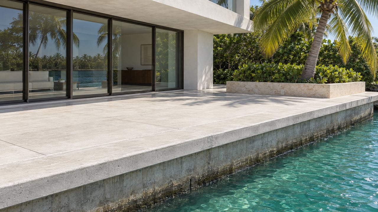 White-stucco home with glass walls and a palm beside a concrete seawall and turquoise water.