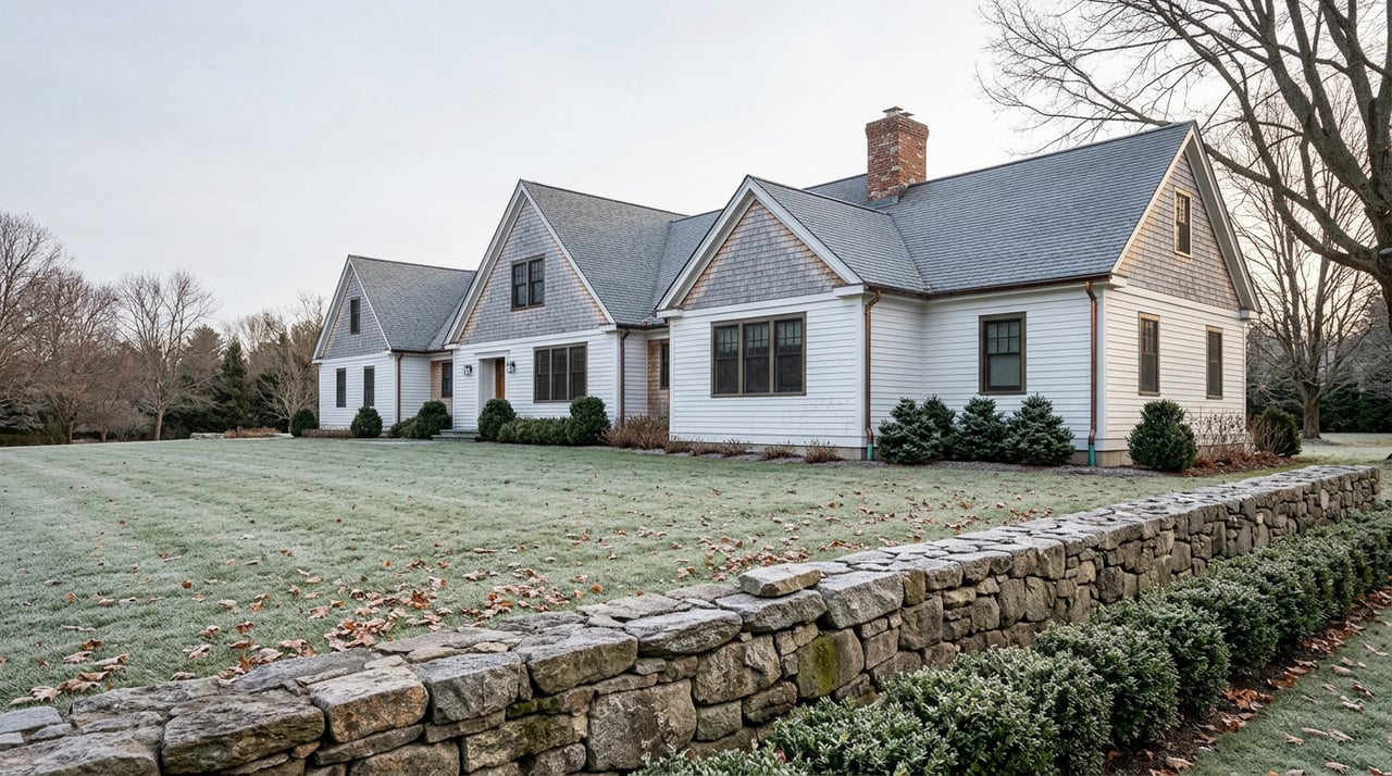 White clapboard estate beyond a frost-touched lawn and fieldstone wall, with a bare maple tree.