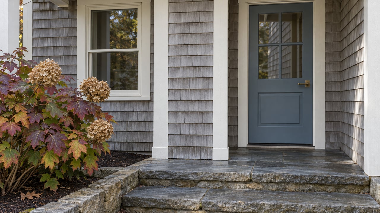Weathered cedar-shingle home entrance with a blue-gray glazed door, stone steps, and burgundy oakleaf hydrangea foliage.