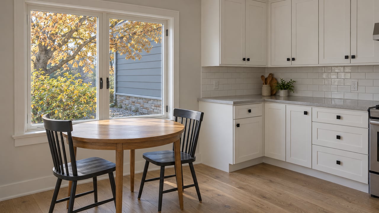 Light-filled breakfast corner with an oak table, charcoal chairs and white shaker kitchen cabinets beside a closed window overlooking autumn foliage.