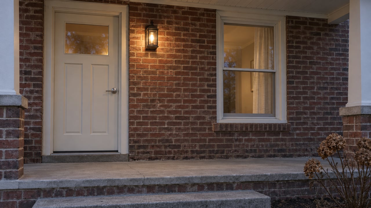 A traditional brick home's closed entry and tall window beneath a covered porch, softly lit by a warm wall lantern at dusk.