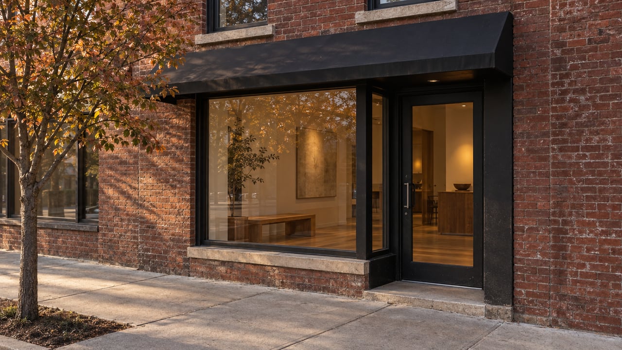 Brick storefront with a recessed glass door, warm interior, black awning, and autumn tree beside the sidewalk.