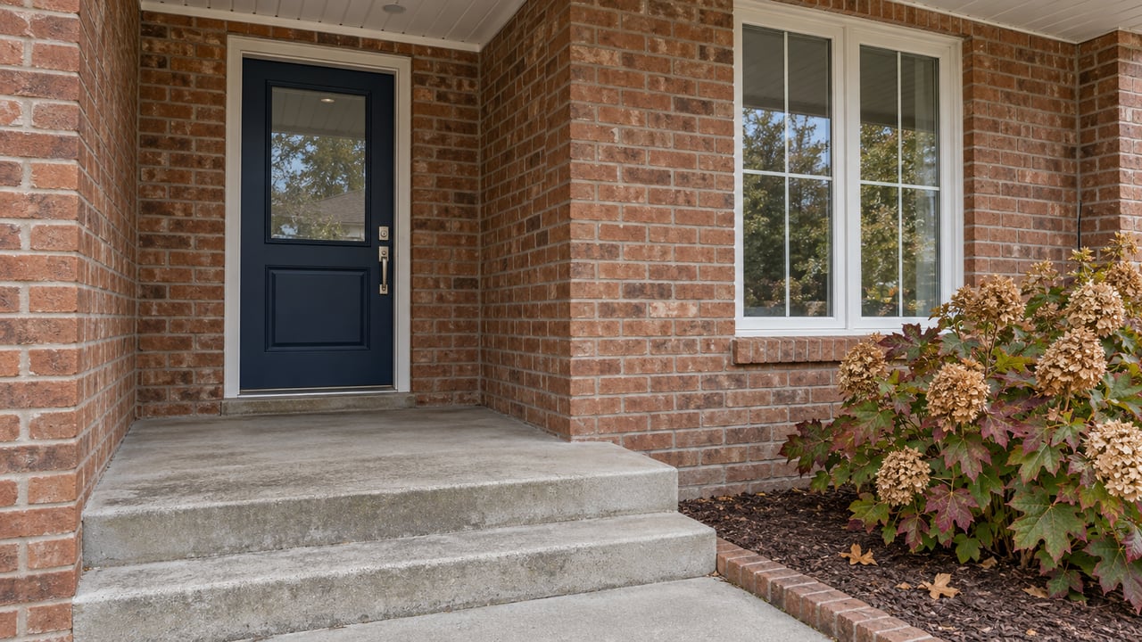 A sheltered brick entry with a navy door, white-framed window, concrete steps and autumn oakleaf hydrangea.