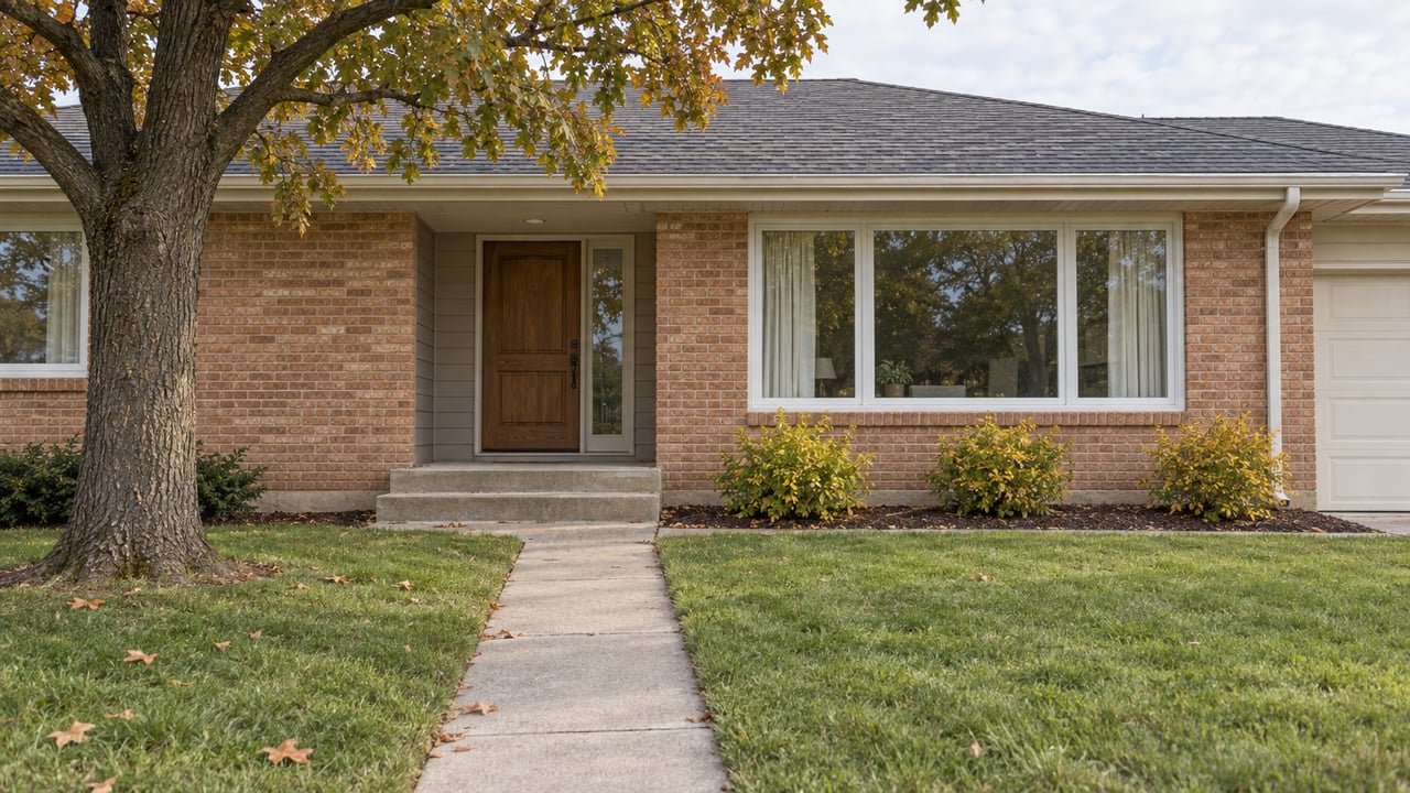 A well-kept brick ranch with a deep autumn lawn, broad windows and a concrete walk beneath a mature oak.