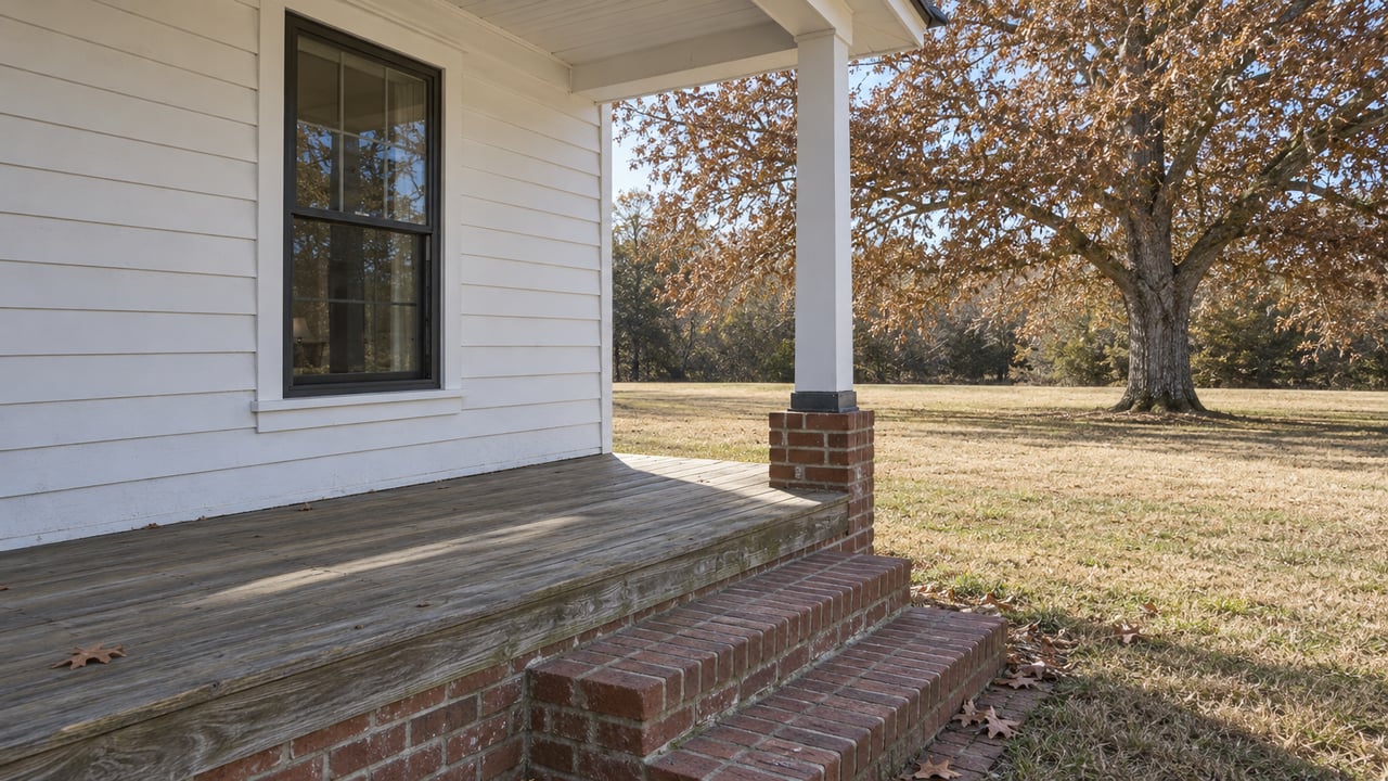 White clapboard porch with weathered wood flooring and brick steps beside a broad autumn lawn and a mature oak.