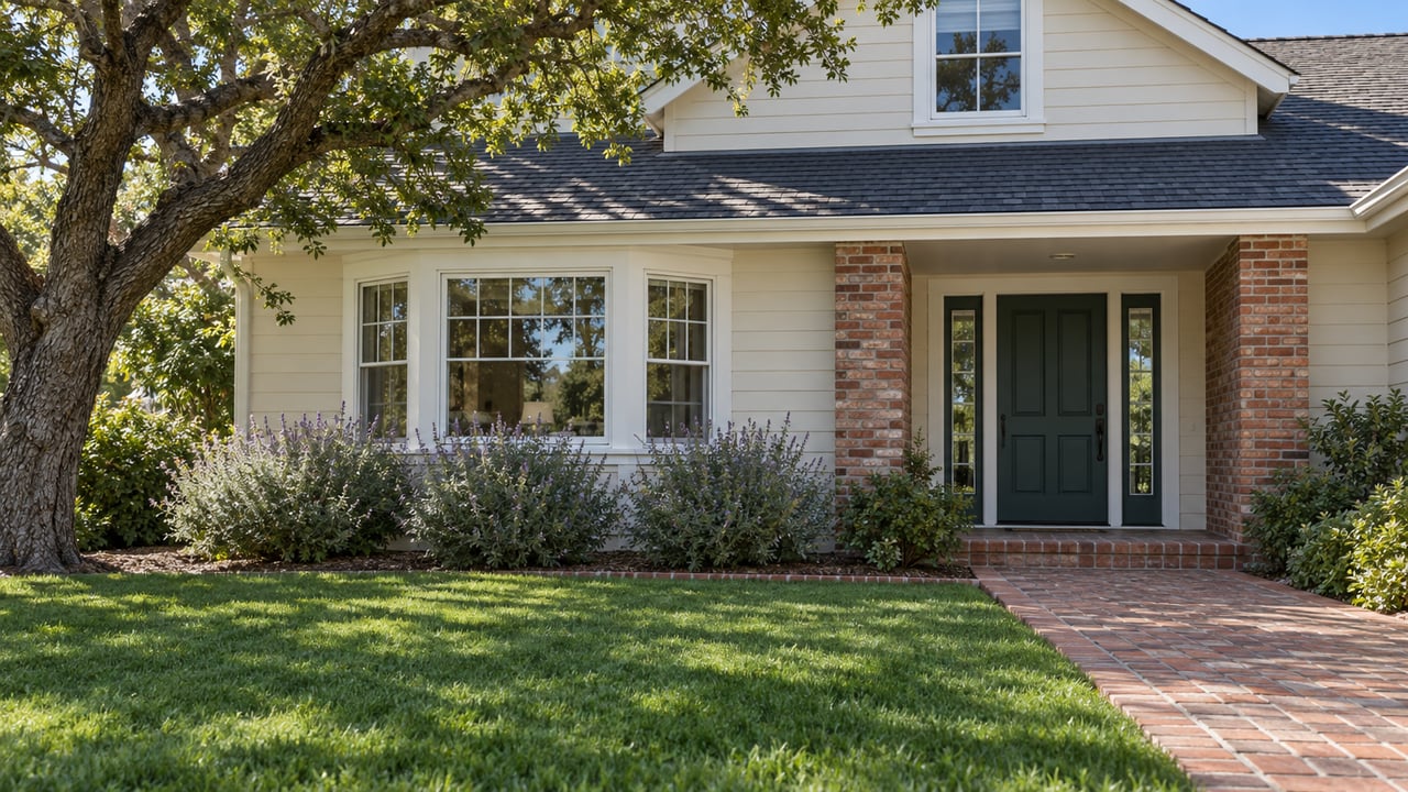 Sunlit cream-sided home with a brick entry, divided-light bay window, deep front lawn, and mature live oak.