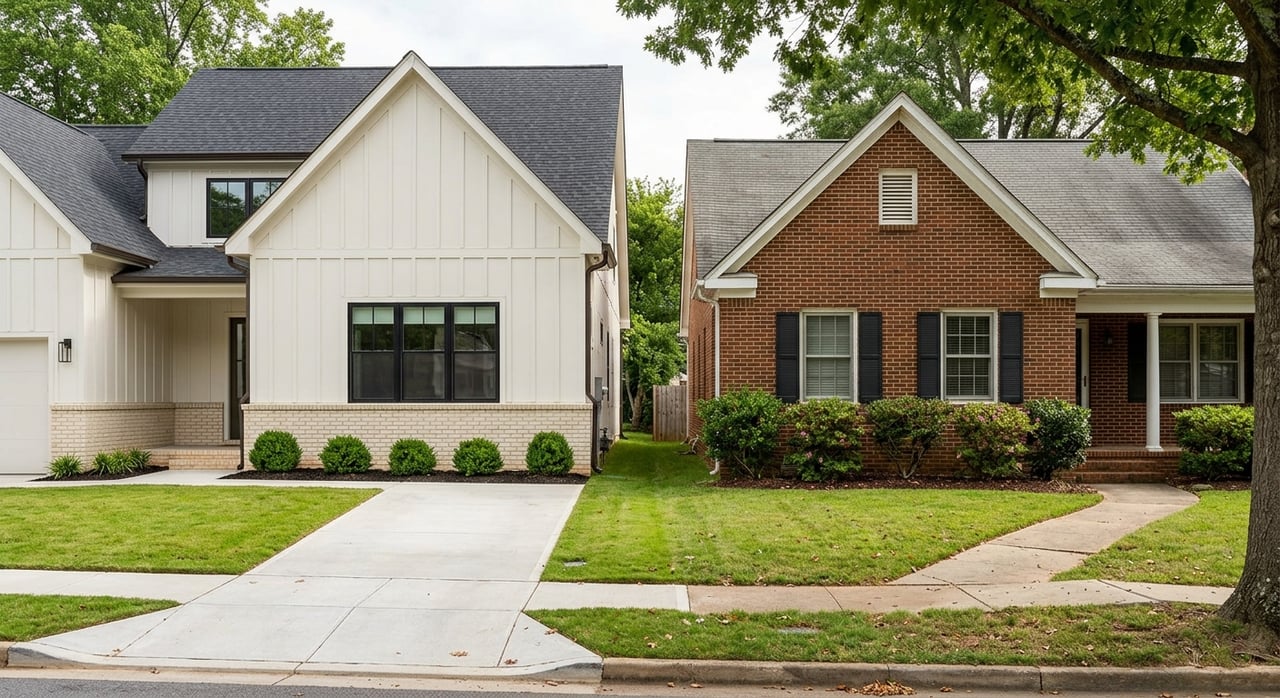 Two neighboring homes: a newer off-white board-and-batten house beside an older red-brown brick house.