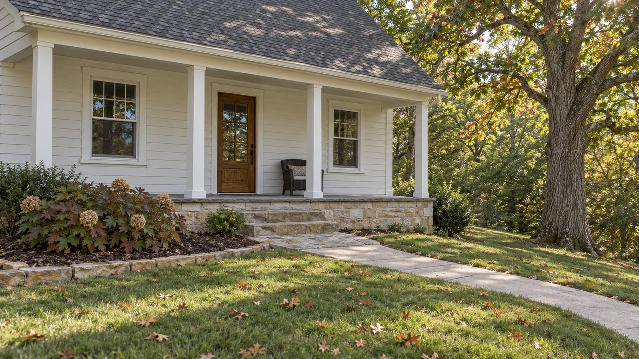 Light-sided hillside cottage with a covered porch, limestone foundation, curved walkway and mature white oak above a sloping lawn.