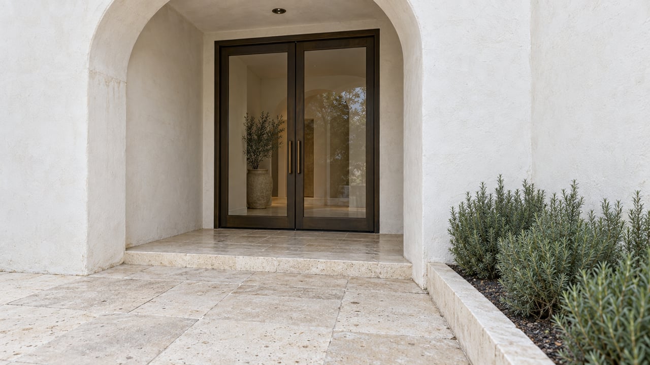 Bronze-framed glass double doors set beneath a stucco arch, with limestone paving and rosemary at right.