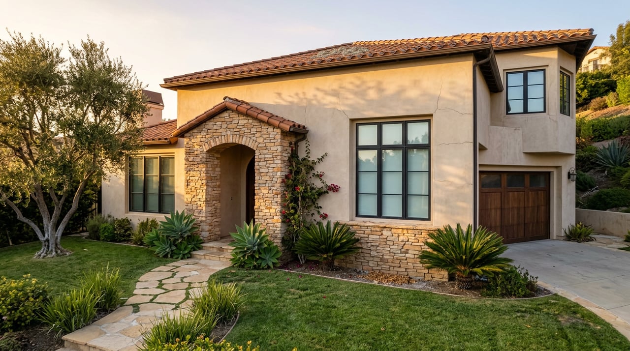 Two-story Spanish Revival house with an arched stone entry, walnut garage door, olive tree, and curving flagstone path.