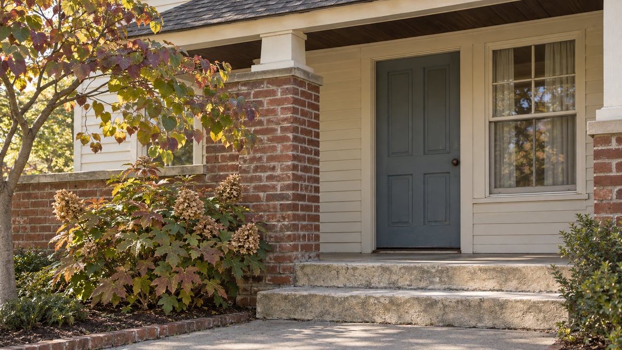 Older house entrance with a blue-gray door, red-brown brick pier, limestone steps, and bronzed hydrangea leaves.