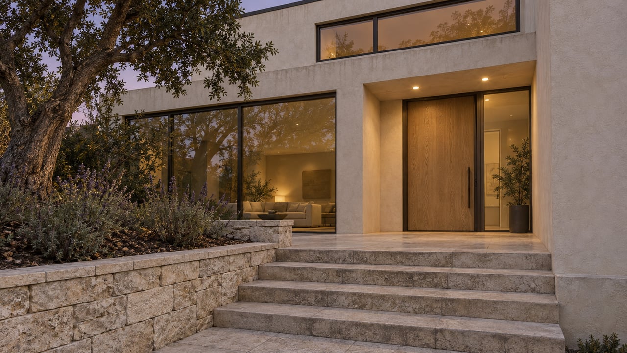 Cream stucco hillside home with bronze-framed glazing, an oak entry door, limestone steps and a mature coast live oak at twilight.
