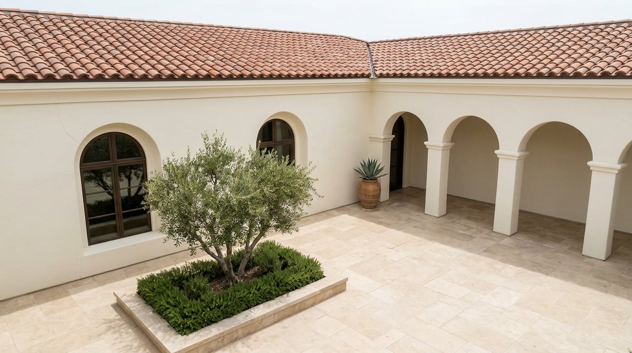 Estate courtyard with a multi-trunk olive tree, raised stone planter, arched windows, and a three-arch arcade.