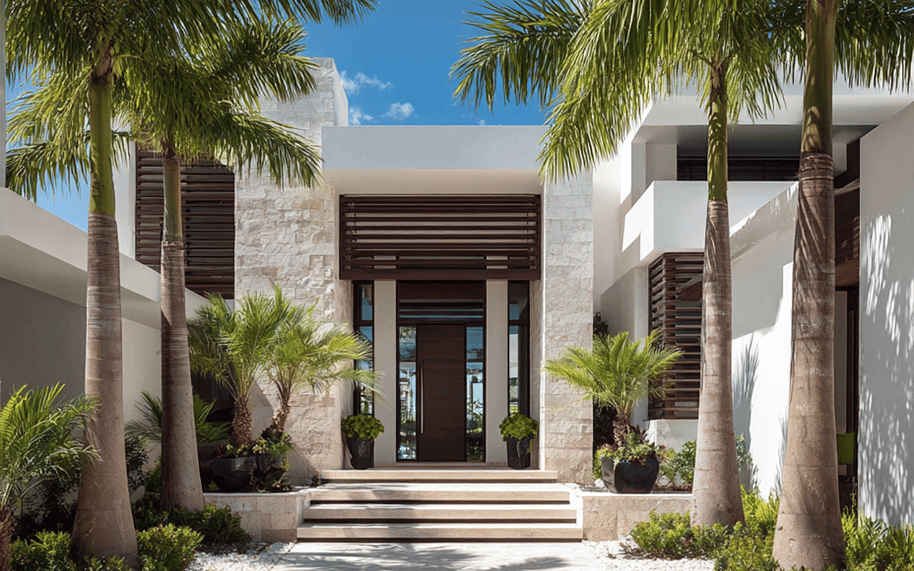 Modern residence entrance framed by palm trees, with stone walls, dark wood accents, and broad steps.