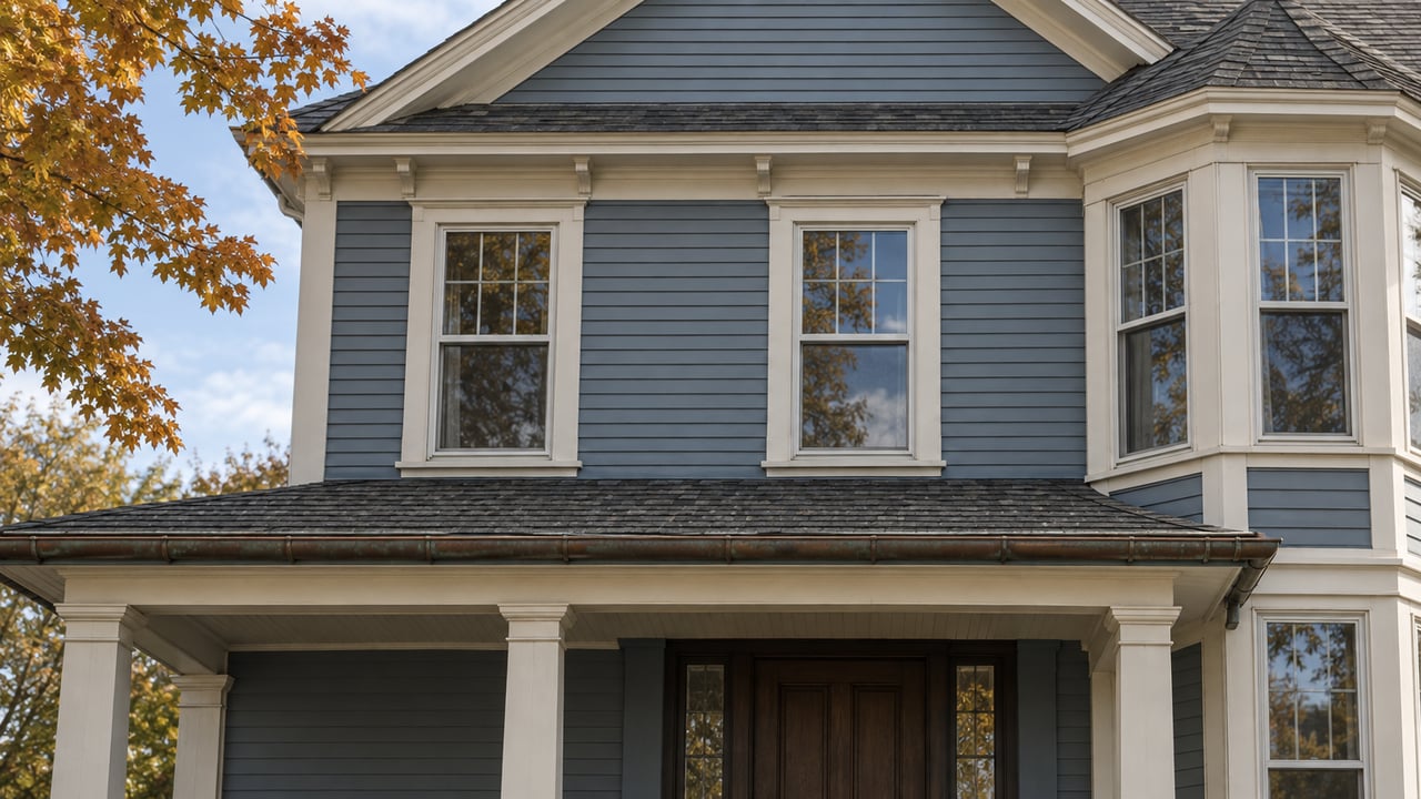 Slate-blue wood house with ivory sash-window trim, a covered porch and amber maple leaves.