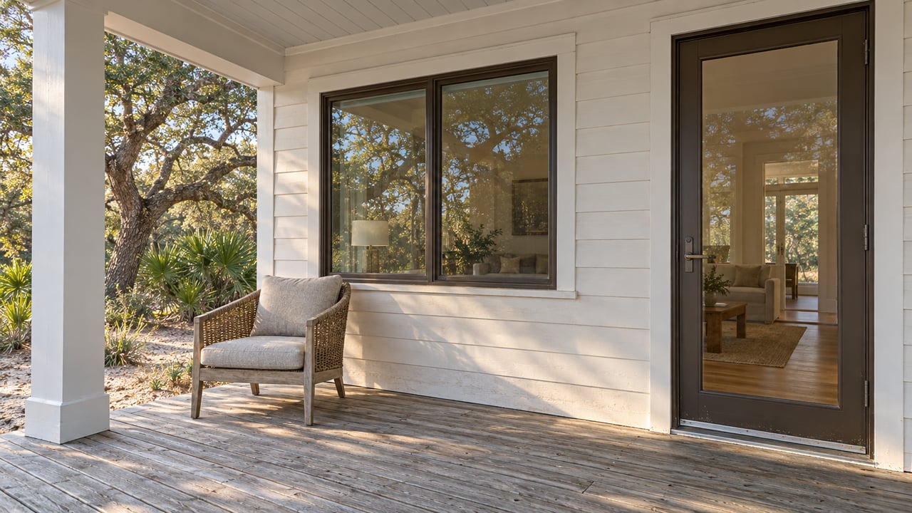 Covered porch with weathered timber decking, white lap siding, bronze-framed glazing and a woven chair beside a sandy planted yard.
