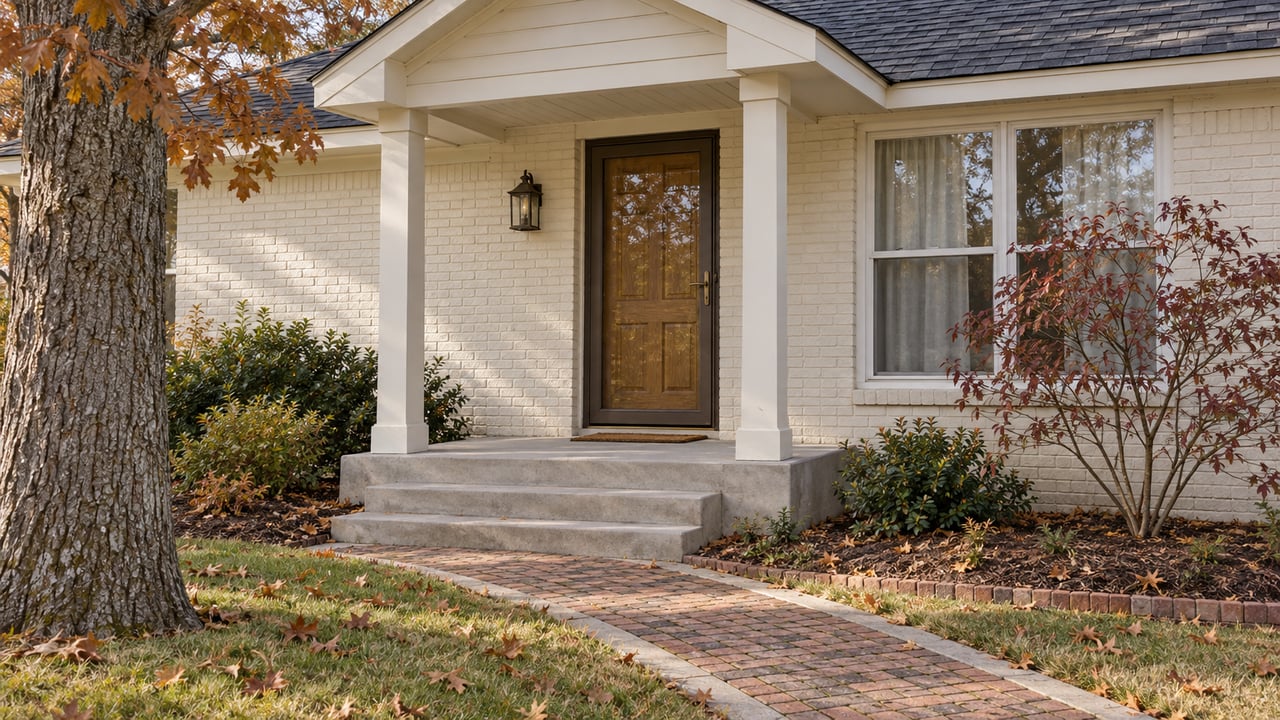 Painted-brick single-story home with a covered entry, oak door, brick walk and russet autumn foliage.