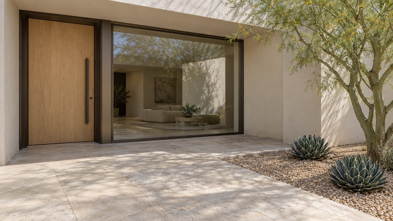 Light stucco home with a recessed oak entry, bronze-framed window and limestone terrace beside a green-trunked tree and two compact agaves.