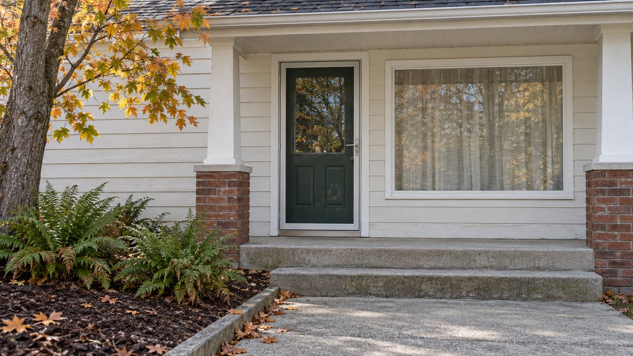 A sheltered green front door and white clapboard facade above worn concrete steps, beside autumn maple leaves and evergreen ferns.