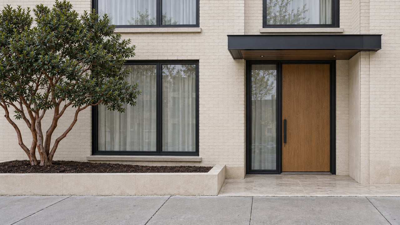 Ivory brick condominium entrance with black-framed glazing, a sheltered oak door, limestone paving and one sculptural strawberry tree.