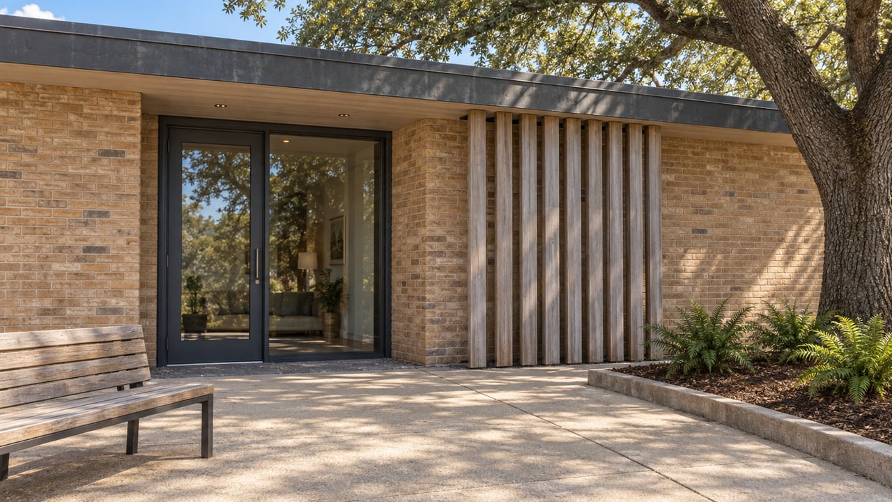 Low brick building entrance with dark glass doors, vertical wooden slats, and a courtyard bench.